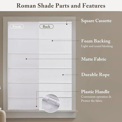 Madison Park Galen Matte White Cordless Roman Shades - Fabric Privacy Single Panel Darkening, Energy Efficient, Thermal Insulated Window Blind Treatment, for Home, Living Room Decor, 35" W x 64" H