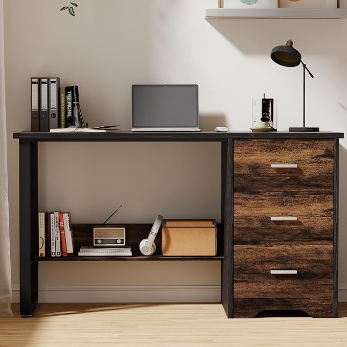 Small Desk with 3 Drawers, 47 Inch Computer Desk with Drawers & Bottom Shelves for Bedroom, Home Office Desk with Storage File Cabinet for Small Spaces, Writing and Work, Black and Brown