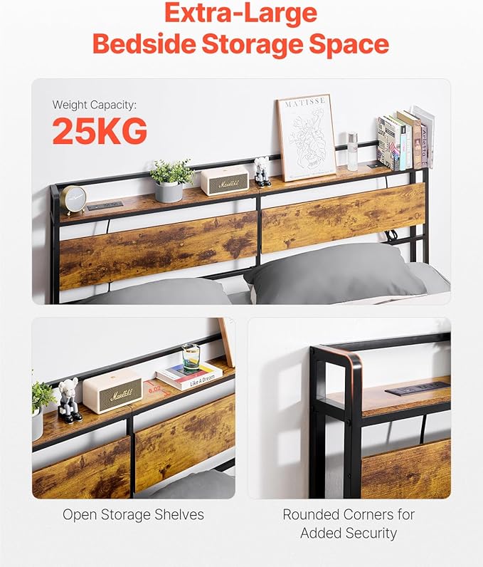 VEVOR Headboard for King Size Bed, Adjustable Height Headboard with Storage Shelf, King Size Freestanding Head Board with Outlets and USB Port for Different Bed Frames, Easy Assembly, Black and Brown