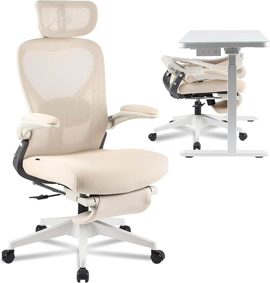 FLEXISPOT Foldex Ergonomic Office Chair, Folding Chair for Small Spaces with Lumbar Support, Flip-up Armrests, 3D Headrest, Desk Chairs with Footrest for Work,Video Game (Foam Seat, Cream)