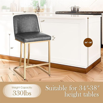 Sophia & William Counter Height Bar Stools Set of 3, Modern PU Leather Kitchen Island Stools,Gold Polished Bar Chairs,Grey & Gold