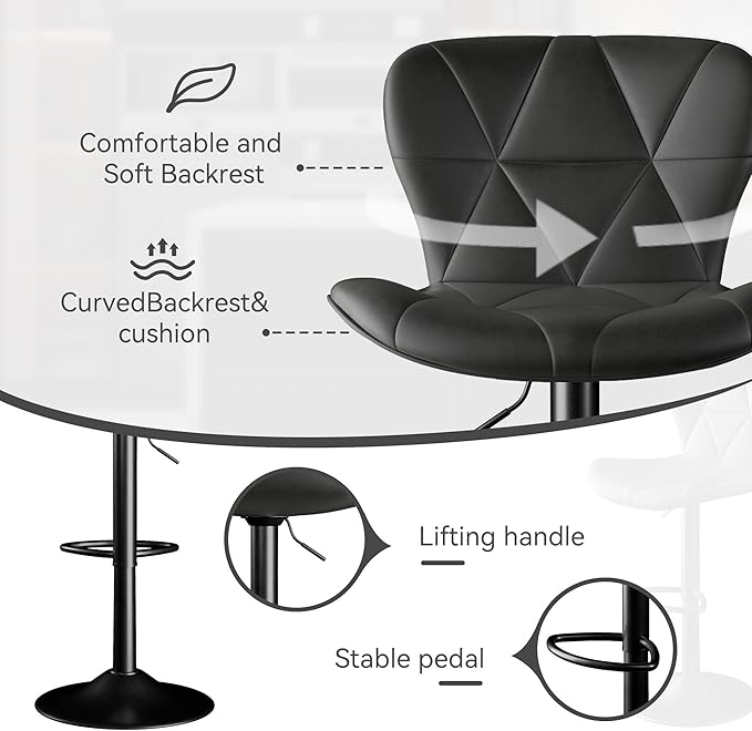 Bar Stools Set of 2,Adjustable Swivel Barstools, Faux Leather Bar Chairs,Upholstered Counter Height with High Backrest for Kitchen Island, Black