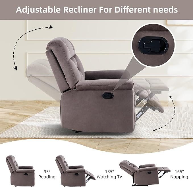 EBELLO Manual Recliner Chair for Adults with Soft Padded Headrest and Backrest, Overstuffed Single Recliner Sofa Chair for Living Room, Dark Brown
