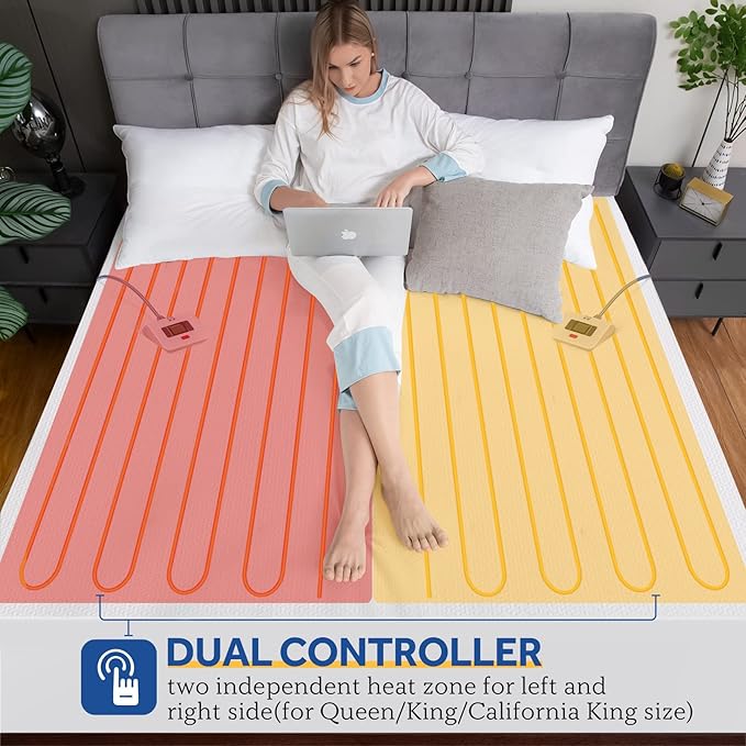 Sealy Heated Mattress Pad King Size, Zone Heating Electric Bed Warmer with Deep Pocket, 10 Heat Setting Dual Controller & 1-12 Hours Auto Shut Off, Knitted Breathable Heated Mattress Cover, White