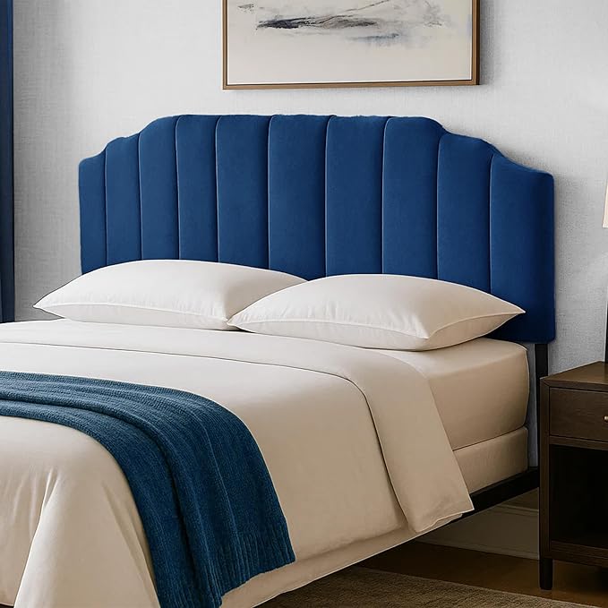 Upholstered Headboard Adjustable Height Queen/King Headboard Cream Velvet Tufted Modern Vertical Channel Design with Stepped Silhouette Top Edge(Blue Queen)