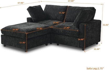 WJShome Cloud Couch Modular Sectional Sofa,67" L Shaped Couch, Convertible Wide Seater, 2 Seater+Ottoman for Living Room Set,Covers Washable&Replaceable,Black