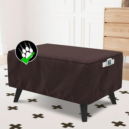 H.VERSAILTEX Soft Sturdy Linen Look Ottoman Cover Rectangle Fit Length 43"-44" Footrest Ottoman Slipcovers for Foot Stool & Folding Storage Furniture with Storage Side Pocket - Heather Chocolate