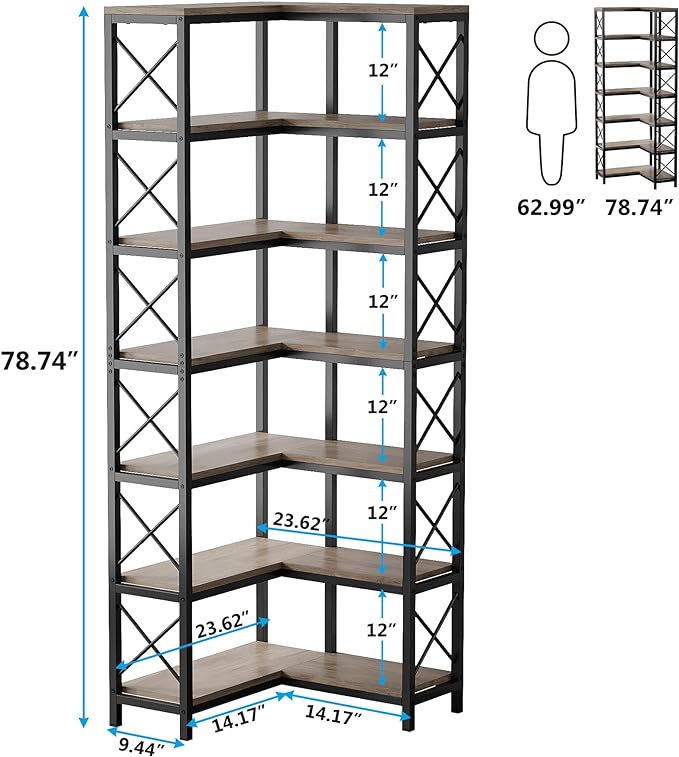 Tribesigns 7-Shelf Corner Bookshelf,Large Modern Corner Bookcase, 7-Tier Tall Corner Shelf Storage Display Rack with Metal Frame for Living Room Home Office (Grey)