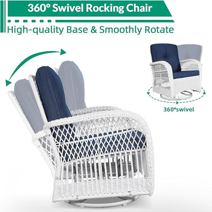 VIVIJASON 5-Piece Outdoor Patio White Wicker Conversation Sets, All Weather Outdoor Rattan Furniture Set Includes Glider Loveseat, 2 Coffee Table, 2 Swivel-Gliders Chairs with Cushions, Navy Blue