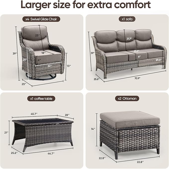 Swivel Patio Chairs sofa Set of 8 with 6" Thick Cushion - Wicker Outdoor Swivel Rocker Patio Chair ,Sofa/Glass coffee table, High Back Comfortable Outdoor Glider Chairs - Gery Wicker | Gery Cushions