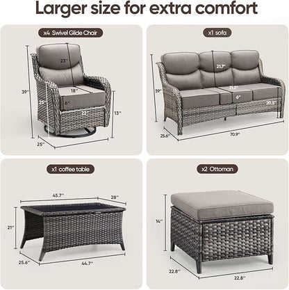 Swivel Patio Chairs sofa Set of 6 with 6" Thick Cushion - Wicker Outdoor Swivel Rocker Patio Chair ,Sofa/Glass coffee table, High Back Comfortable Outdoor Glider Chairs - Gery Wicker | Gery Cushions