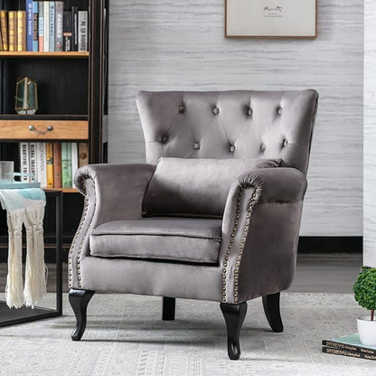 chairus Mid-Century Modern Accent Chairs Set of 2, Comfy Tufted Single Sofa Chair Wingback Armchair with Pillow for Club, Living Room, Bedroom - Velvet, Grey
