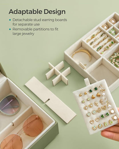 SONGMICS 2-Layer Jewelry Box, Jewelry Organizer with Handle, Removable Jewelry Tray, Jewelry Storage, Floating Effect, 8.1 x 9.4 x 4.3 Inches, Christmas Gift, Laurel Green UJBC165C02