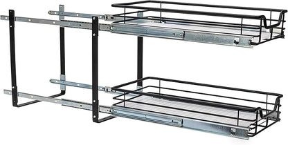 Household Essentials Glidez Multipurpose Paint-Finished Steel Pull-Out/Slide-Out Storage Organizer with Plastic Liners for Under Cabinet Use - 2-Tier Dual-Slide Design, Black