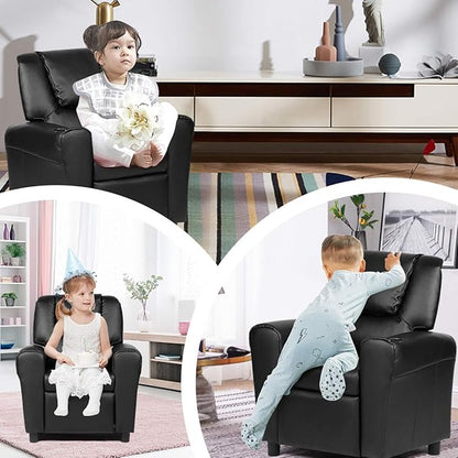 Costzon Kids Recliner Chair with Cup Holder, Toddler Furniture Children Armrest Sofa w/Headrest & Footrest for Girls Boys Baby Bedroom, Kids Room, PU Leather Kids Recliner Couch (Black)