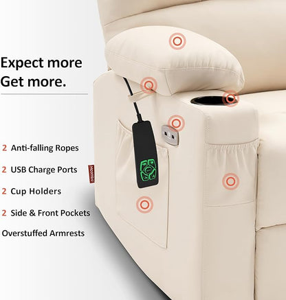 MCombo Medium Lay Flat Dual Motor Power Lift Recliner Chair Sofa with Massage and Heat for Elderly People, Infinite Position, Faux Leather 7679 (Cream White, Medium)