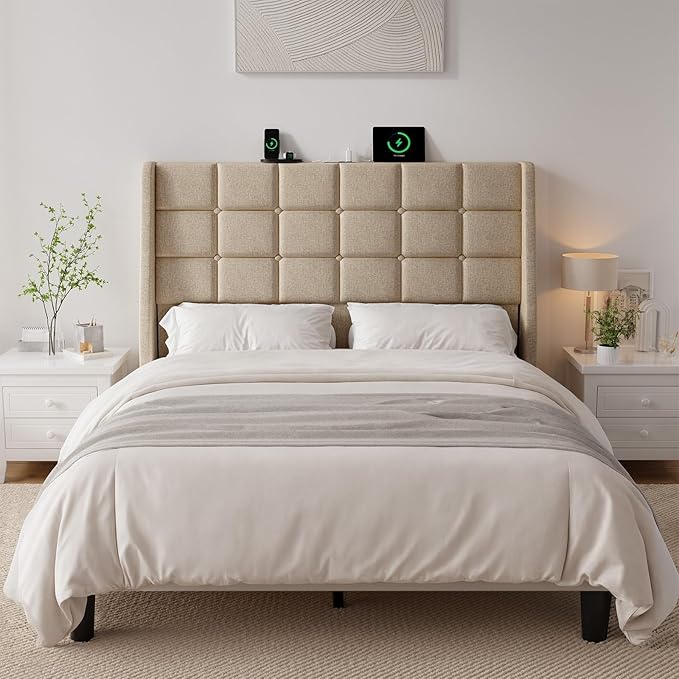 Ergonomic Upholstered Full Size Headboard w/Charging Station, Linen Wingback Headboards w/Storage Pocket, Full Headboard Only, Bed Frame Adapters, Sturdy Solid Wood Bed Head Board, Beige