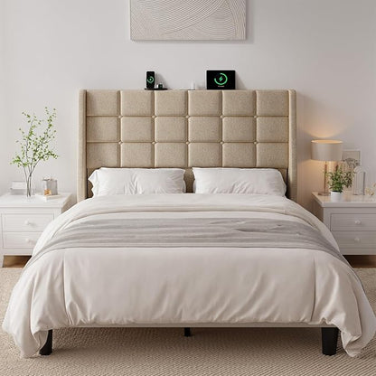 Ergonomic Upholstered Full Size Headboard w/Charging Station, Linen Wingback Headboards w/Storage Pocket, Full Headboard Only, Bed Frame Adapters, Sturdy Solid Wood Bed Head Board, Beige