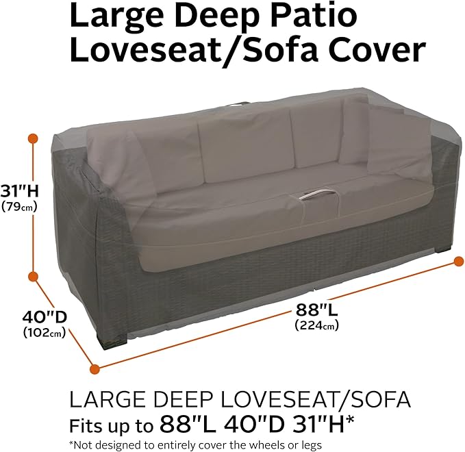 Classic Accessories 55-424-045101-EC Ravenna Water-Resistant 88 Inch Deep Seated Patio Loveseat Cover,Taupe,Large, Patio Furniture Covers