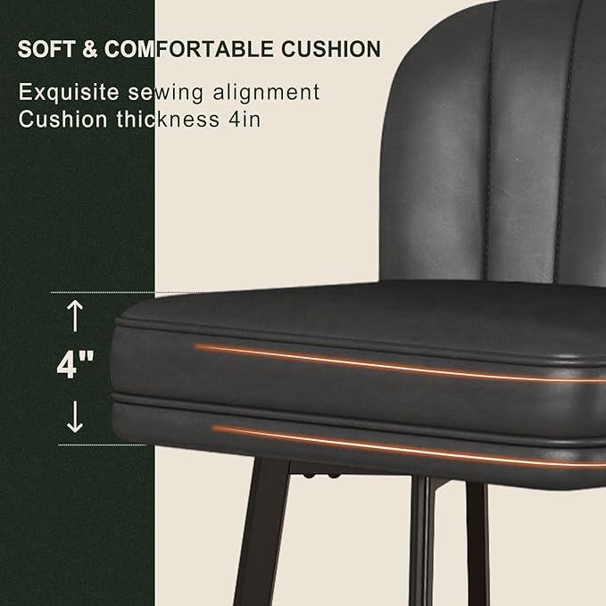 Swivel Counter Height Bar Stools Set of 2, 26'' Modern Barstools with Backs and Metal Legs, Upholstered Bar Chairs, Faux Leather Black Stools for Kitchen Island Chairs