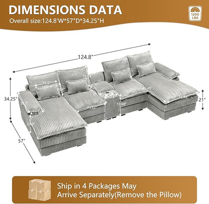 HYJT-H&K 124" U Shaped Cloud Couch Sectional, Comfy Fluffy Plush Corduroy Light Grey Sectional Couches for Living Room, Modern Modular Corduroy Couch Sectionals with Central Console & Double Chaise