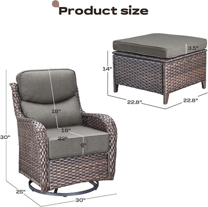 Rilyson Wicker Outdoor Patio Furniture Set - 4 Piece Patio Conversation Set with Swivel Rocker Chairs and Ottomans, 6 inch Cushions, High Back, Deep Seating, for Porch Deck Garden Brown/Grey