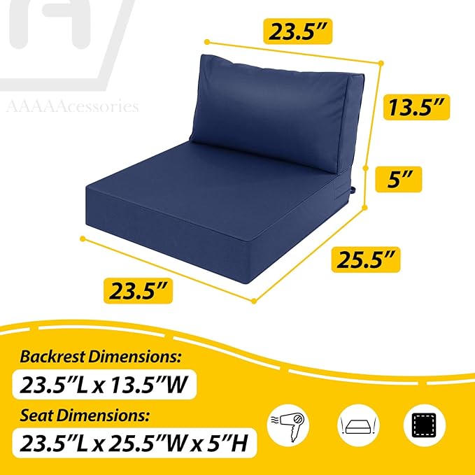AAAAAcessories Outdoor Deep Seat Cushions, Waterproof, Fade-Resistant Patio Furniture Replacement Cushions, 23.5" x 25.5" x 5" + 23.5" x 13.5", Navy Blue