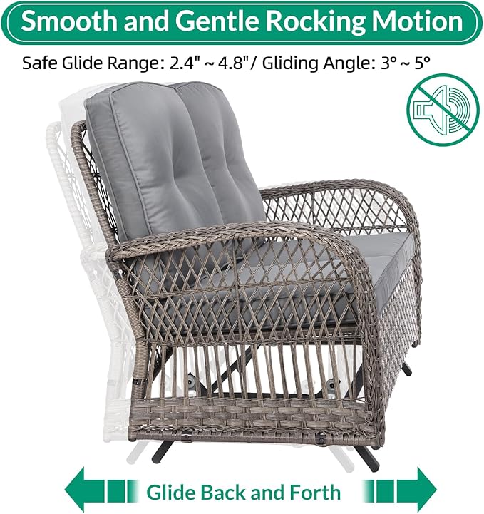 VIVIJASON 4-Piece Outdoor Patio Wicker Conversation Sets, All Weather Outdoor Rattan Furniture Set Includes Glider Loveseat, Coffee Table, 2 Rocking Chairs with Cushions for Backyard, Grey