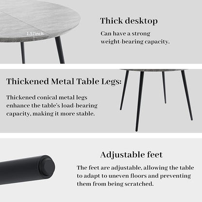 43.3"-59.1" Extendable Dining Table Set with Metal Legs, Wooden Round Kitchen Table for 4-6 Person, Gray Coffee Table w/Easy-Clean Tabletop
