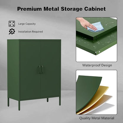 Green Metal Locker Cabinet with 2 Doors, Metal Accent Cabinets with 2 Adjustable Shelves Home Office Storage Lockers Sideboard for Kitchen Living Room Hallway Entryway