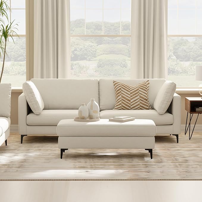 SIMPLIHOME Ava Sofa in 100% Recycled Polyester Tightly Woven Performance Fabric, Cream, 90-inches Wide, Handcrafted Mid-Century Modern Style Sofa for Living Room or Couch for Family Room