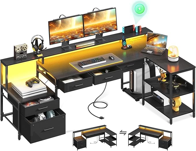 AODK L Shaped Desk with 5 File Drawers, 75" Reversible L Shaped Computer Desk with Power Outlet & LED Strip, Office Desk with Storage Shelves, Gaming Table with Monitor Shelf, Corner Table, Black