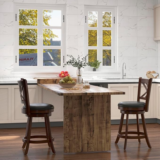 COSTWAY Bar Stool Set of 2 for Kitchen Island, Swivel Upholstered Counter Height Barstools with PU Surface, Rubber Wood Frame, 360° Rotatable Seat, Curved Back, Sturdy Footrest (2, 24" Seat Height)