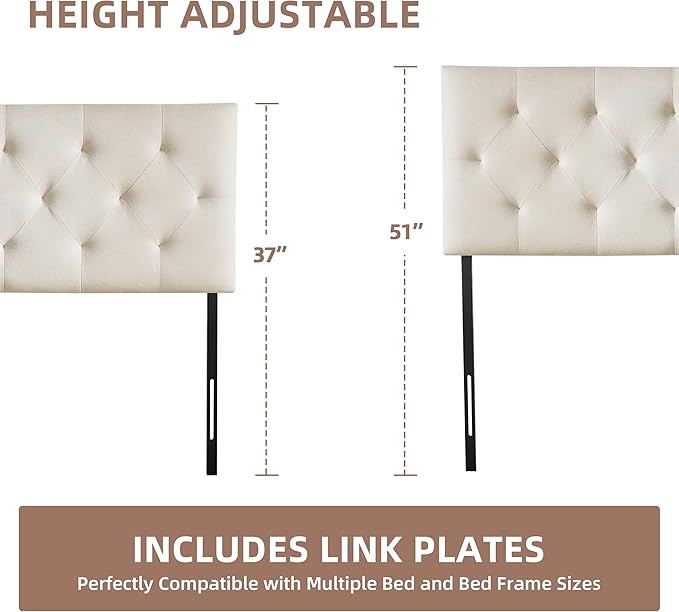 Linen Upholstered Headboard King Size, Modern Diamond Tufting Solid Wood California King Headboard Only, Adjustable Height from 37” to 51” Head Board, Bed Frame or Wall Mount Headboards, Beige