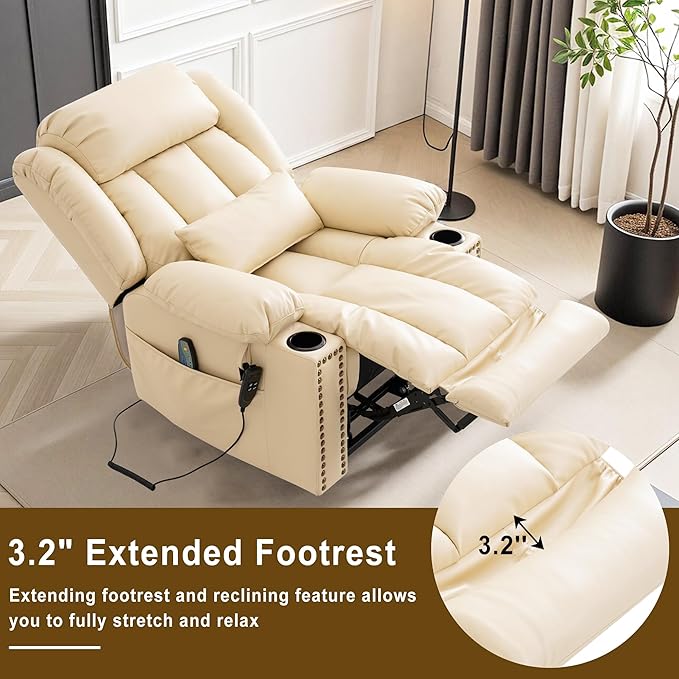 Dual Motor Large Power Lift Recliner Chair for Elderly with Heat and Massage,Lay Flat Lift Chairs Recliners for Seniors Infinite Position,USB Ports&Remote, Leather (Beige, Large)
