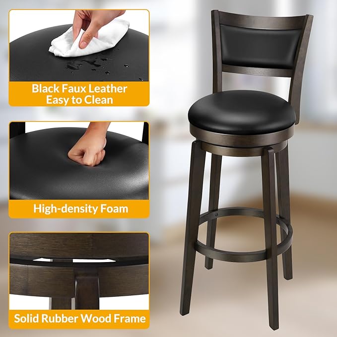 PrimeZone Swivel Bar Stools Set of 4, 34 Inch Extra Tall Bar Height Barstools, Black Faux Leather Bar Stool with High Backrest, Solid Wood Leg, Wrap-Around Footrest, Counter Stools for Pub