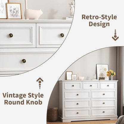 9 Drawer Dressers for Bedroom, 51" Wide Wood Chest of Drawers, Farmhouse Bedroom Dressers with Drawers, Modern Dresser TV Stand, Retro Design, for Living Room, Dressing Room, Hallway, White