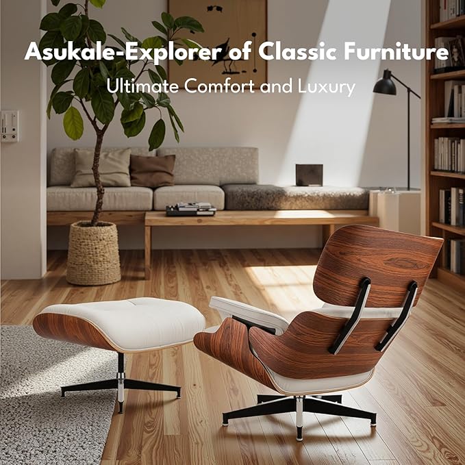 Top Grain Leather, Mid Century Chaise Lounge Chair and Ottoman, Modern Chair Classic Design, Heavy Duty Base Support for Living Room Study Lounge Office, Palisander-White, Heightening