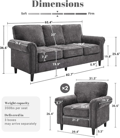 Kingfun 3 Seater Couch, Mid Century Modern Sofa Set with Rolled Arms and Deep Seats, Fluffy Comfort for Living Room, Apartment, Easy Assembly, Gray