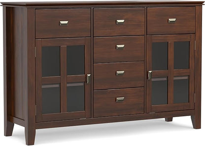 SIMPLIHOME Artisan Buffet - 54 inch Wide Solid Wood 3-Door Sideboard Buffet in Russet Brown, Transitional Storage Cabinet for Dining Room or Kitchen with Adjustable Shelves and Bronze Hardware