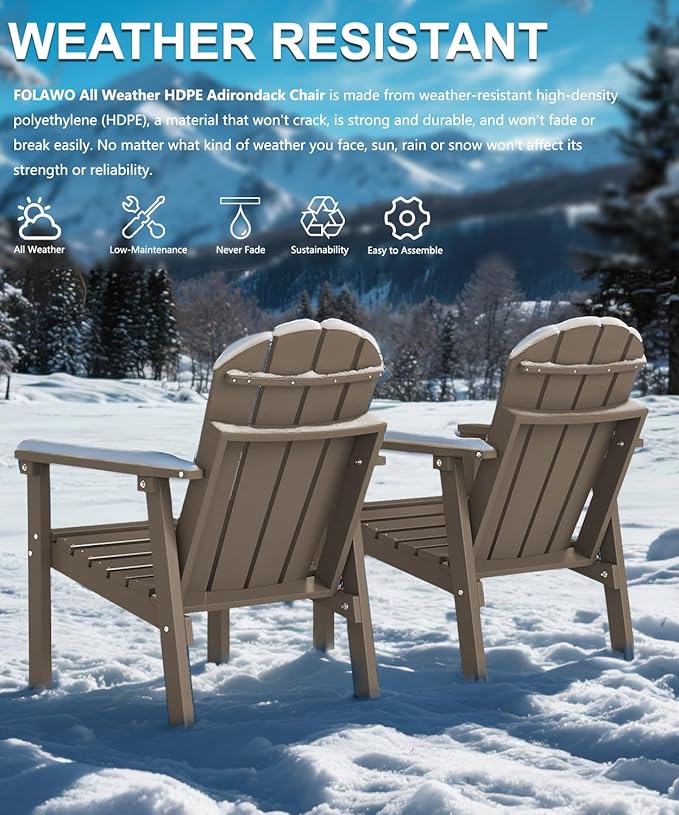 Adirondack Chair Set of 2, All Weather HDPE Fire Pit Chairs, Oversized Plastic Adirondack Chair for Outdoor, Balcony, Deck, Backyard, Patio, Garden, Poolside, Lawn Brown