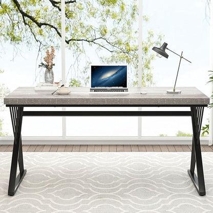 FOLUBAN Modern Desk, Rustic Wood and Metal Computer Desks for Home Office, Simple Study Writing Work Table for Bedroom Living Room, Light Grey, 60 Inch