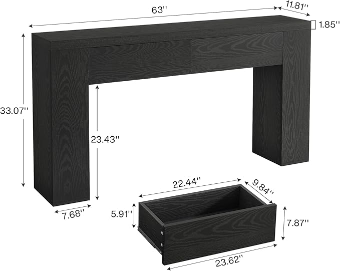 Tribesigns 63-Inch Wooden Console Table with 2 Hidden Drawers, Farmhouse Rustic Brown Sofa Table for Living Room, Hallway, Entrance, Foyer, Easy Assembly (Black)