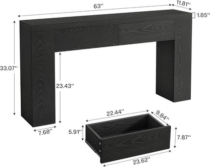 Tribesigns 63-Inch Wooden Console Table with 2 Hidden Drawers, Farmhouse Rustic Brown Sofa Table for Living Room, Hallway, Entrance, Foyer, Easy Assembly (Black)