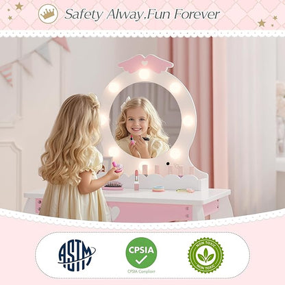 MU Kids Vanity Set with Lighted Mirror and Stool, Kids Make Up Vanity Desk with Storage Space, Wing Pattern for Little Girls, Toddler Princess Makeup Dressing Table with Chair Set, White