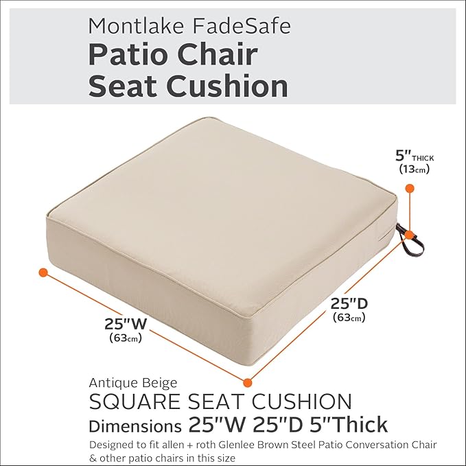 Classic Accessories Montlake Water-Resistant 25 x 25 x 5 Inch Outdoor Seat Cushion, Durable Patio Furniture Cushion with Straps,Antique Beige, Outdoor Cushion Cover