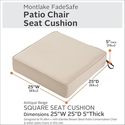Classic Accessories Montlake Water-Resistant 25 x 25 x 5 Inch Outdoor Seat Cushion, Durable Patio Furniture Cushion with Straps,Antique Beige, Outdoor Cushion Cover