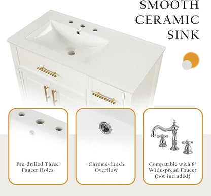 Favfurish 36" Bathroom Vanity with Sink Combo,Bathroom Vanity Cabinet with Two Soft-Closing Doors and Four Drawers,Free Stading Vanities w/Gold Handler,for Bathroom,Easy Assembly,White