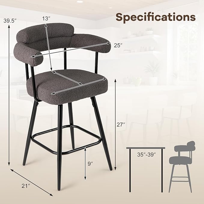 COSTWAY Counter Height Bar Stools Set of 2, 27" Swivel Modern Upholstered Counter Chairs with Boucle Fabric, Curved Backrests & Metal Legs, for Kitchen Island, Home (2, Grey + Black)