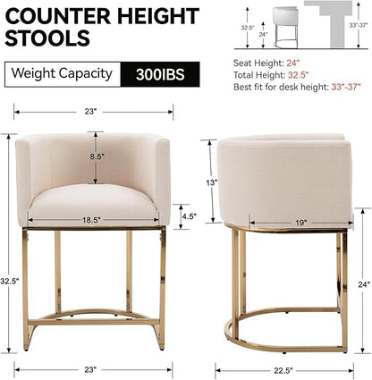 Contemporary Cream Linen Bar Stool, 24" Upholstered Fabric Counter Height Barstool Kitchen Counter Island Stool with Golden Metal Base, Cream